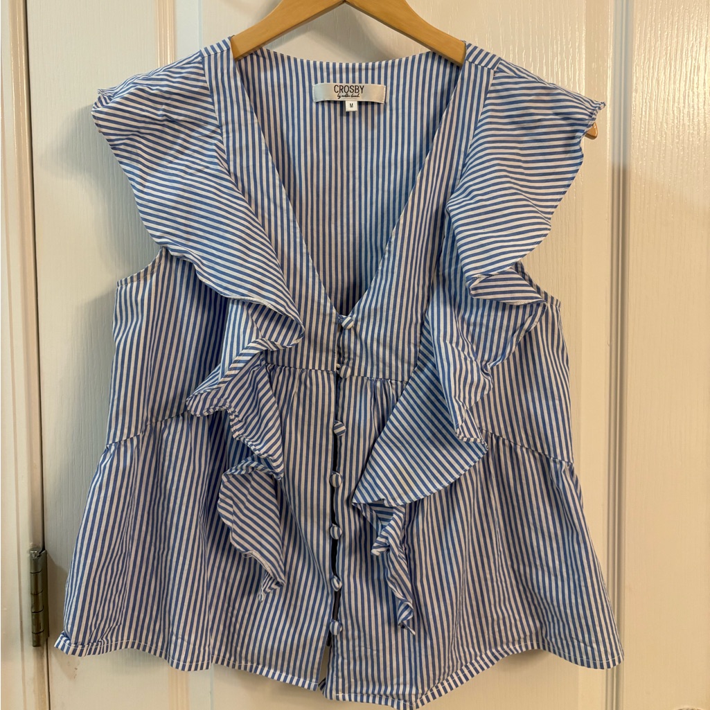 Crosby By Mollie Burch Blue Pinstriped Ruffle Top
